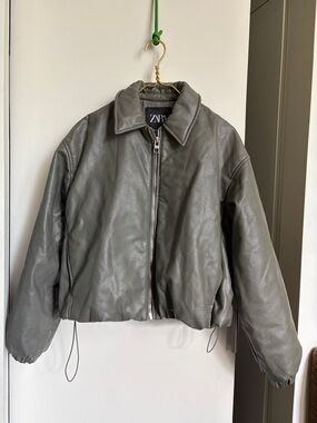 ZARA Green Pebbled Faux-Leather Zip Jacket